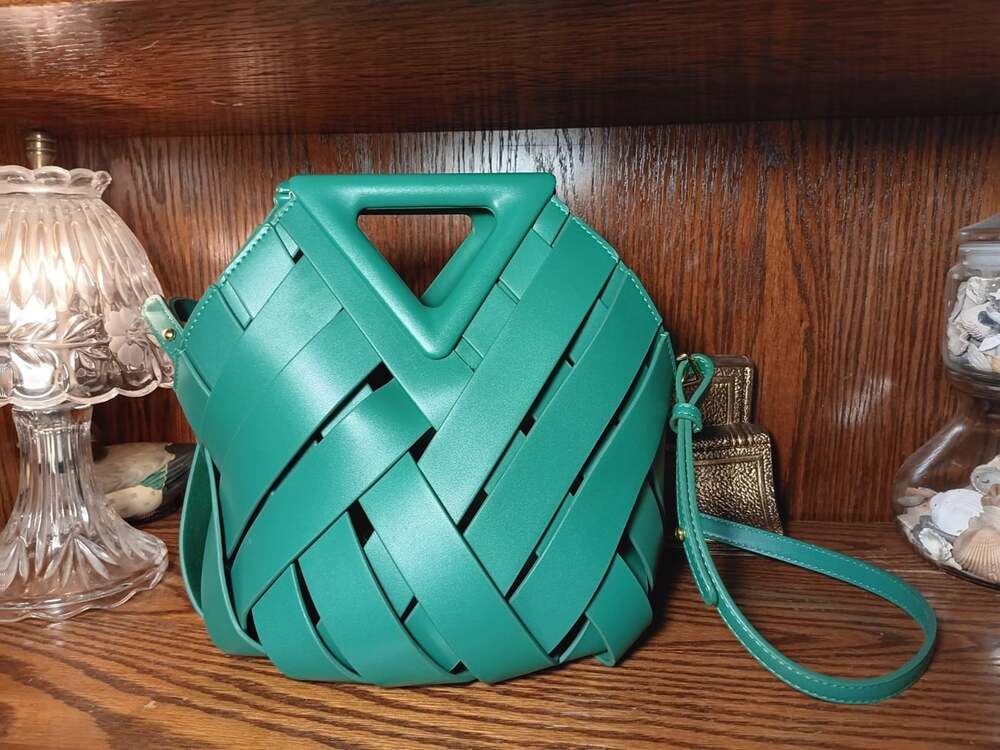 Verano Hill Natalie Green Vegan Leather Woven Geometric Handbag Modern Purse